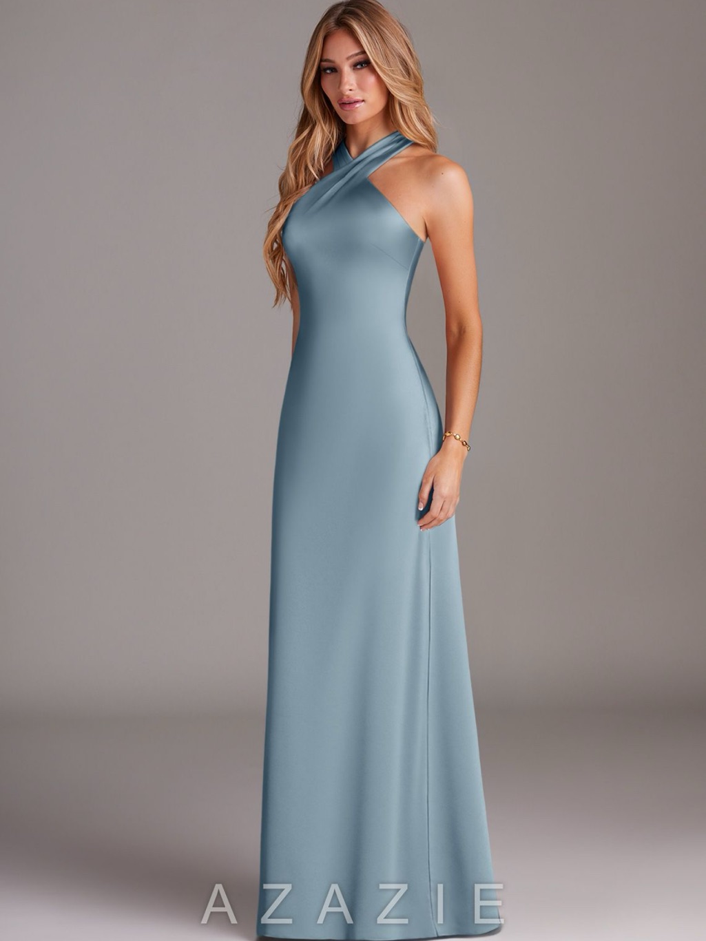 Azazie Dusty Blue Cross-Halter Maxi Gown